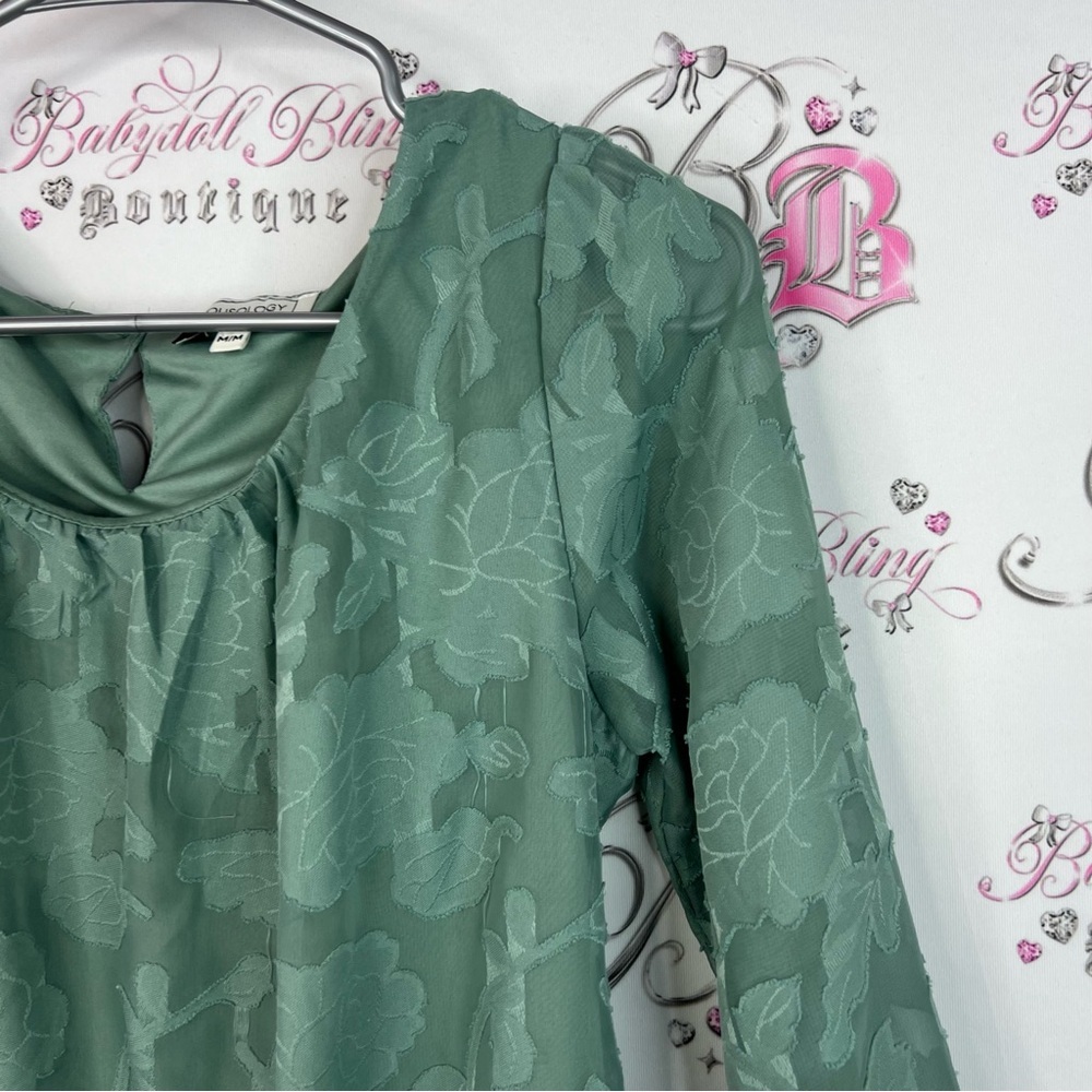 Blousology long sleeve 3D print floral ribbon ties Green Floral Women's Top - Picture 4 of 12